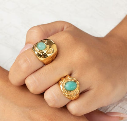 Anillo Amazonita Martillado – Acero Inoxidable baño Oro 18k