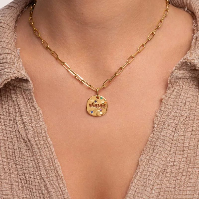 Collar Mamá Dorado-Acero con circonitas multicolor