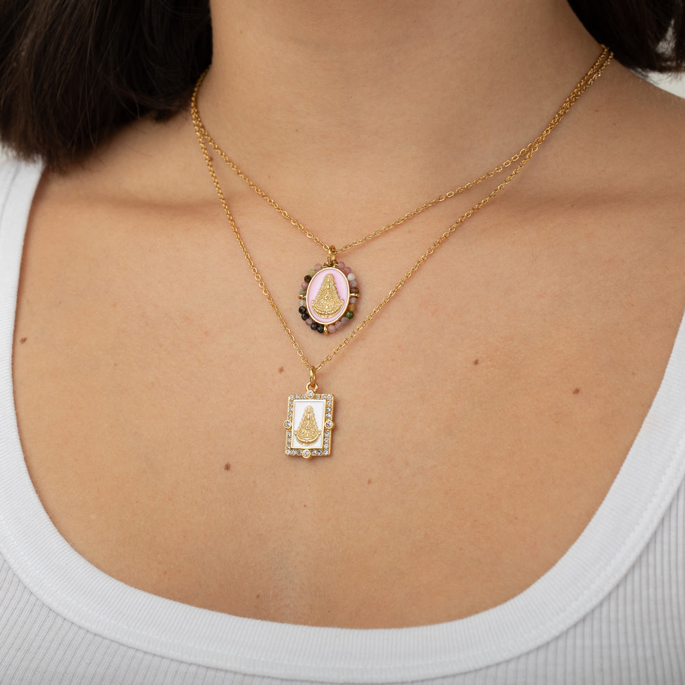 Collar Virgen del Rocío Pink- Acero con turmalina y Enamel