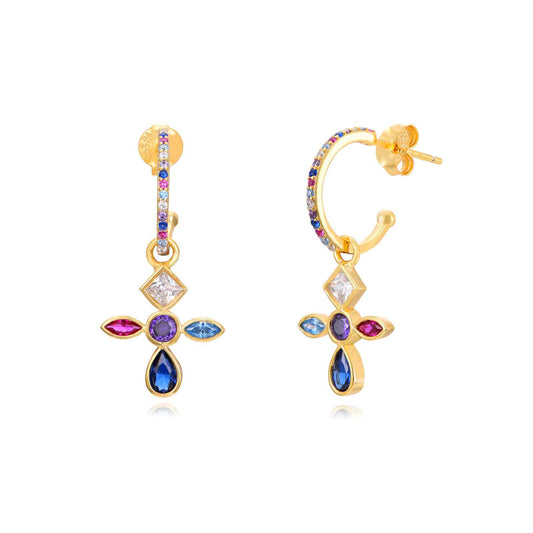 Pendientes Cruz Rainbow – Plata de Ley 925 Baño Oro 18k
