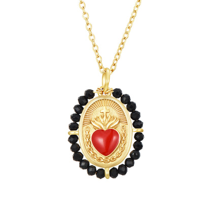 Collar Sagrado Corazón- acero con piedras negras