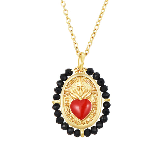Collar Sagrado Corazón- acero con piedras negras